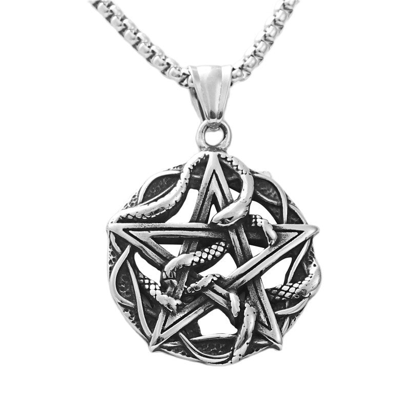 Punk-Inspired Titanium Steel Snake and Star Pendant Necklace for Men