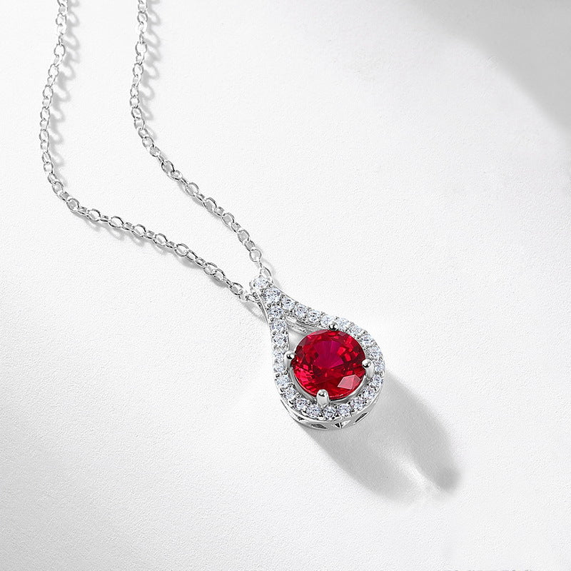 S925 Sterling Silver Lab-Grown Ruby Teardrop Pendant Necklace