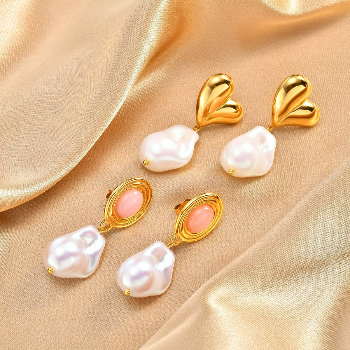 Gold-Tone Double-Heart Baroque Pearl Drop Earrings