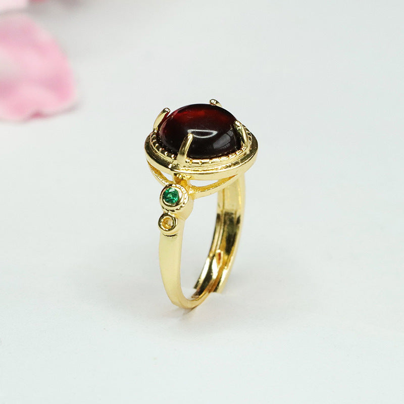 Small Green Zircon and Blood Amber Adjustable Ring in Sterling Silver