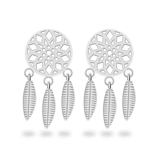 Feather Grid Dream Catcher Polished Sterling Silver Drop Earrings