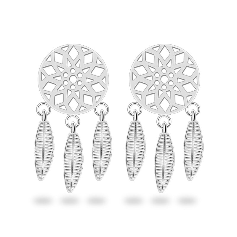 Feather Grid Dream Catcher Polished Sterling Silver Drop Earrings