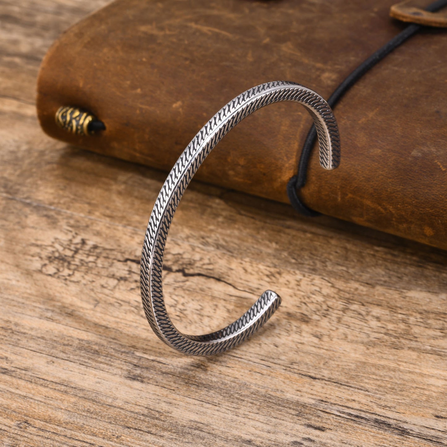 Mens Stainless Steel Open Bracelet Vintage Twist Braided Feather