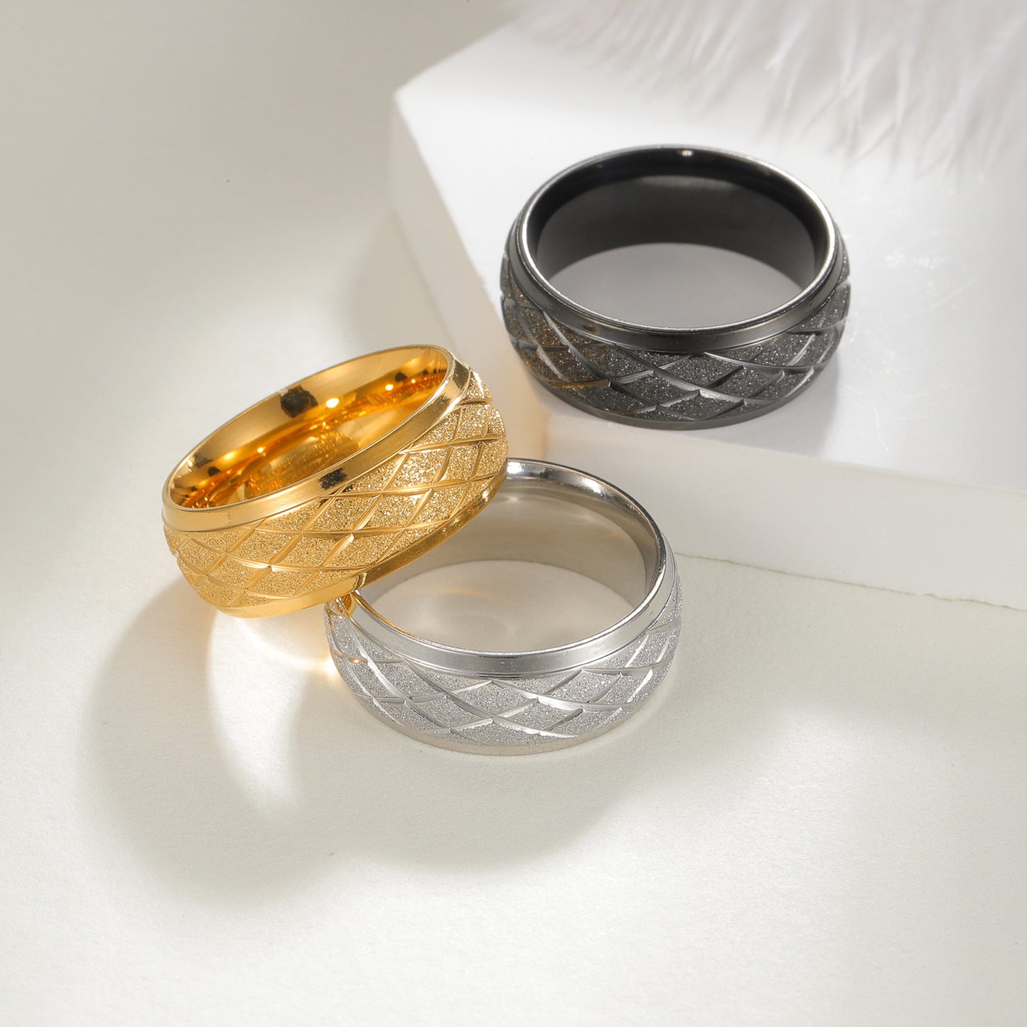 Planderful Everyday Genie Titanium Steel Ring Unisex Matte Rhombus Line Design Statement