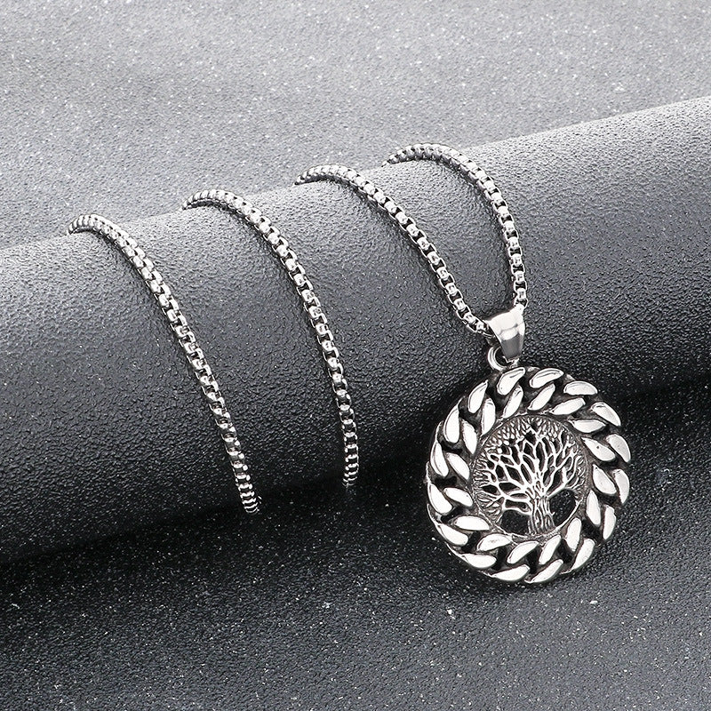 Nordic Viking Mythology Ouroboros Tree Of Life Pendant, Retro Round Stainless Steel Men's Necklace