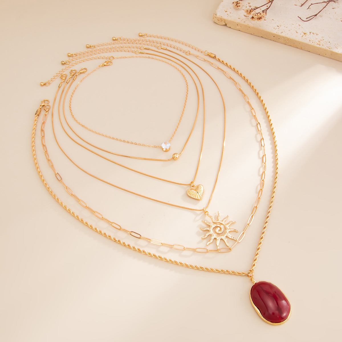 Vintage Red Gemstone-Style Layered Necklace