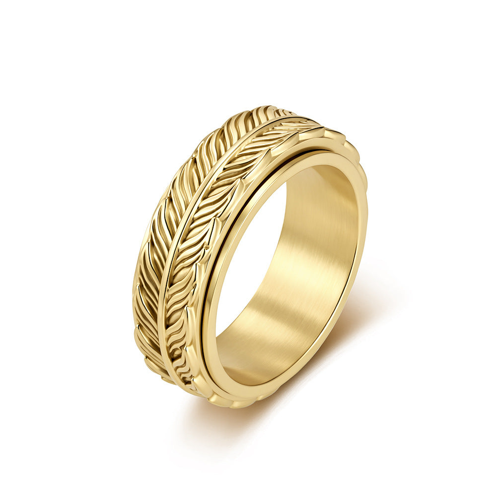 Feather Olive Branch Spinner Vintage Stainless Steel Ring for Men