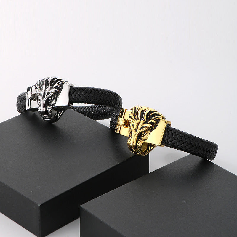 Planderful Mens Leather Bracelet Lion Head Titanium