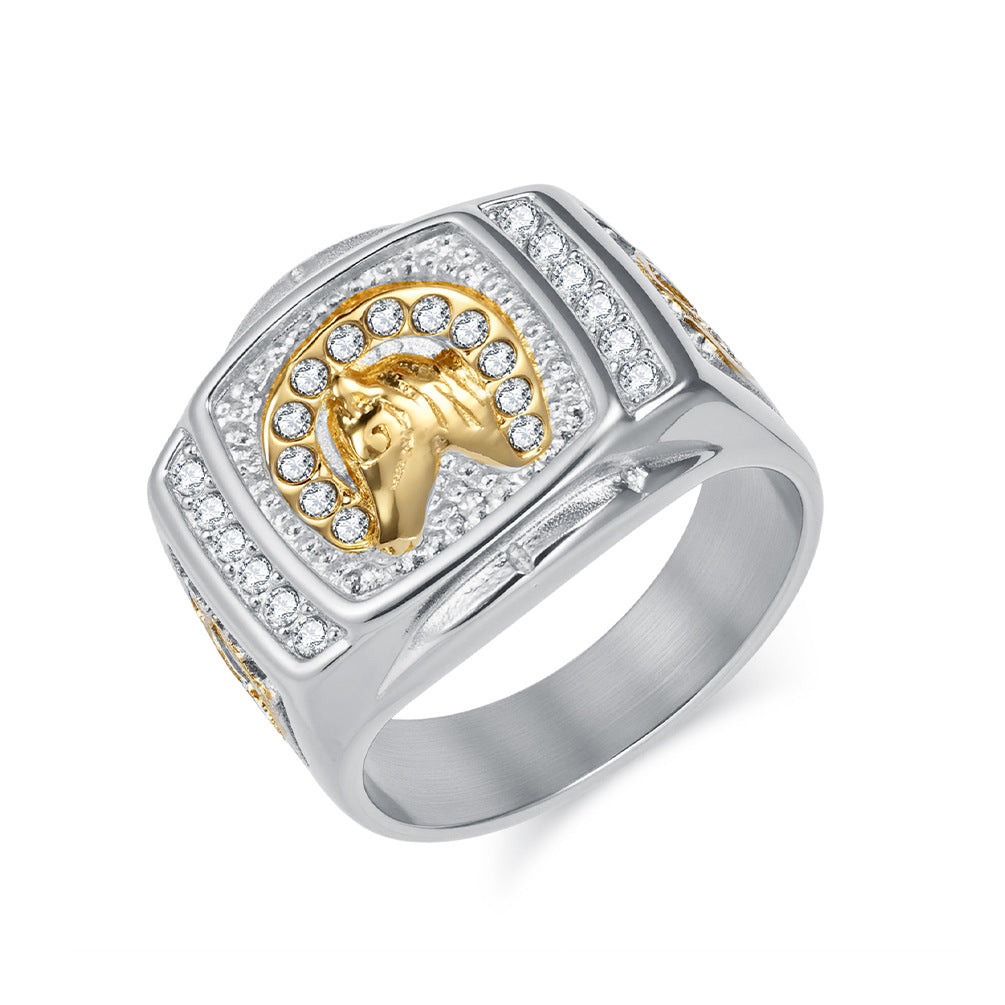 Planderful Retro Hip Hop Horse Head Ring Titanium Steel Plated 18K Gold With Zircon For Men