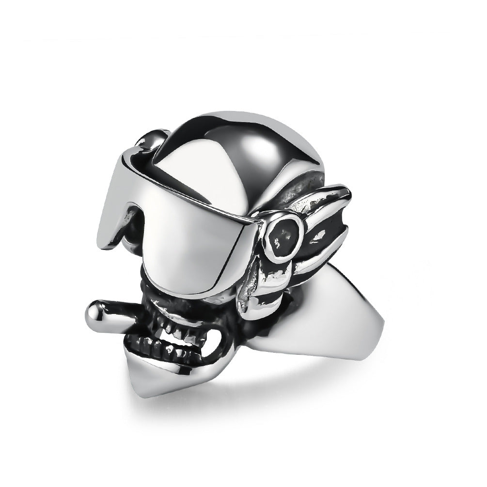 Goggles Swinging Cigar Skull Stainless Steel Ring for Men