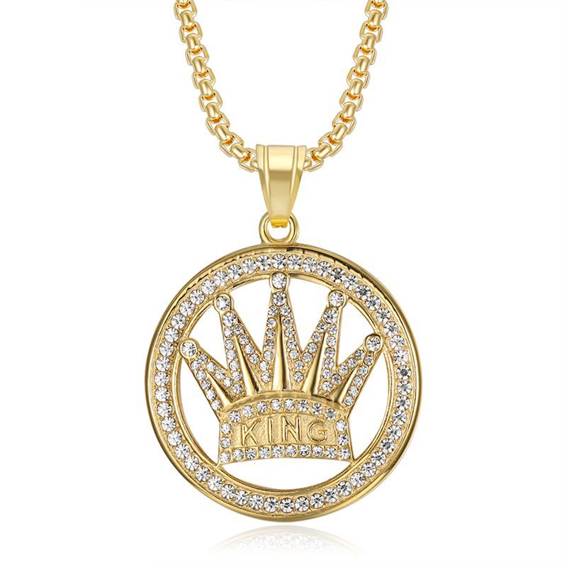 Planderful Hip Hop Crown Pendant Necklace Stainless Steel Gold Plated Rhinestones For Trendsetting Men