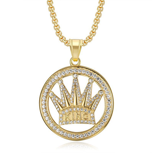 Planderful Hip Hop Crown Pendant Necklace Stainless Steel Gold Plated Rhinestones For Trendsetting Men