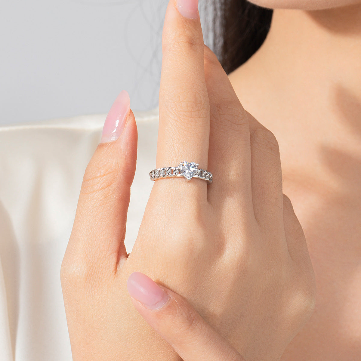 Simple Adjustable Sterling Silver Heart Ring with Zircon Inlay for Women
