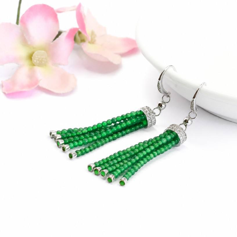 Jadeite Tassel 925 Silver Drop Earrings