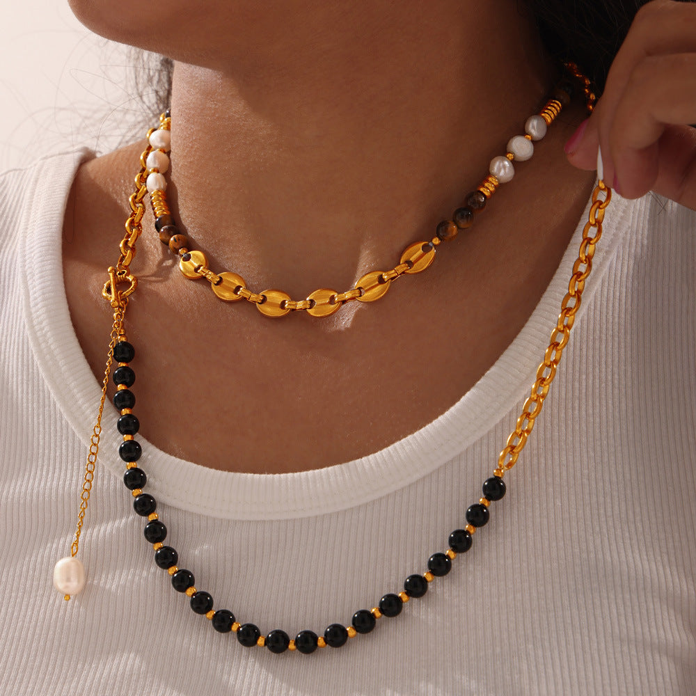 Luxurious Handmade Tiger's Eye and Pearl Beaded Necklace with Palace Style Titanium Steel Gold-Plating