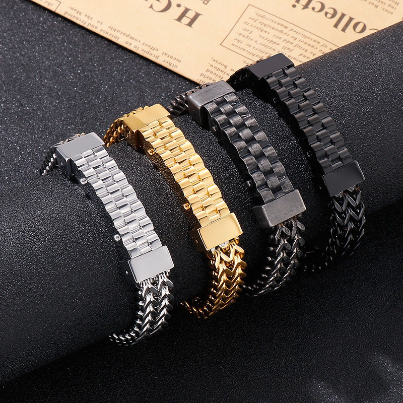Trendy Men's Hip-Hop Style 18K Gold-Plated Titanium Steel Bracelet with Front and Back Chain Design