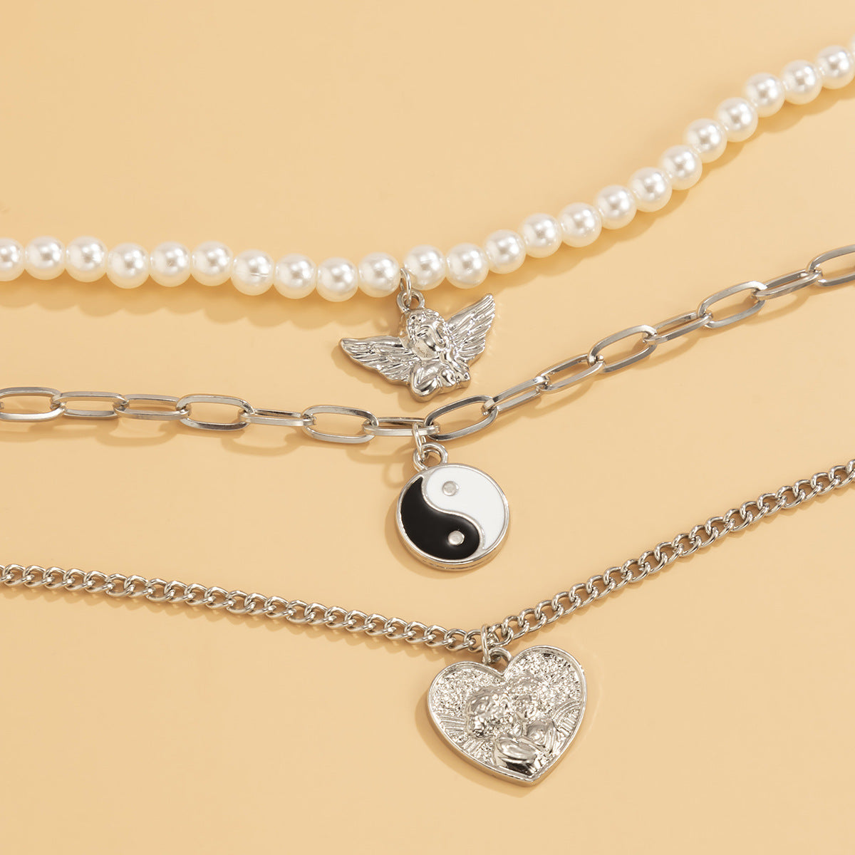 Imitation Pearl Angel Necklace Planderful For Women With Heart Portrait Tai Chi Design Statement Jewelry