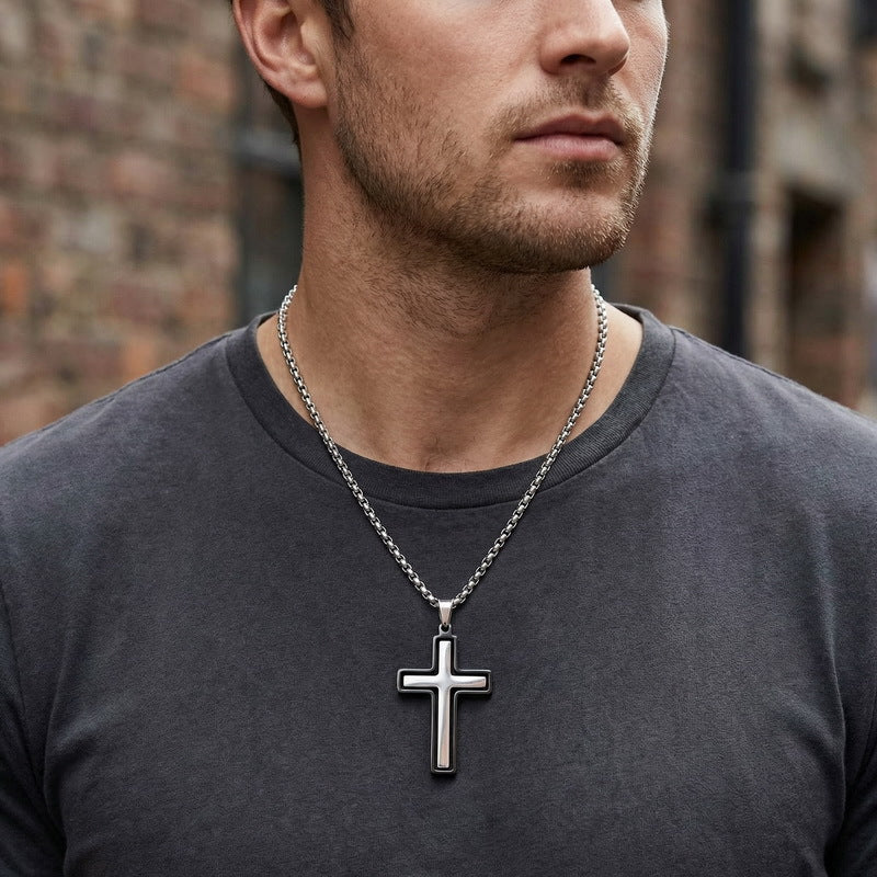 Popular Japanese And Korean Retro Rotatable Cross Two-Color Stainless Steel Men's Pendant Necklace