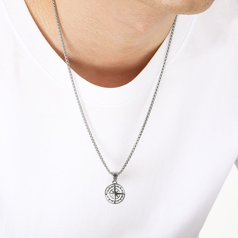 Compass Round, Punk Style Retro Coin Compass Stainless Steel Men's Pendant Necklace