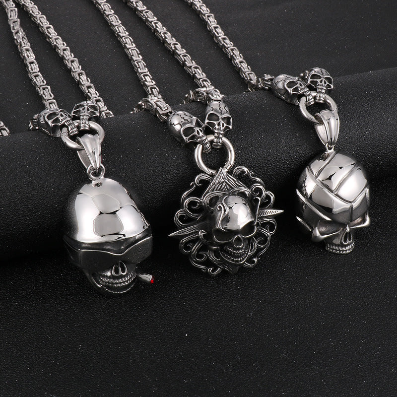 Exaggerated Titanium Steel Skull Pendant Necklace with Punk Ghost Head Design for Men