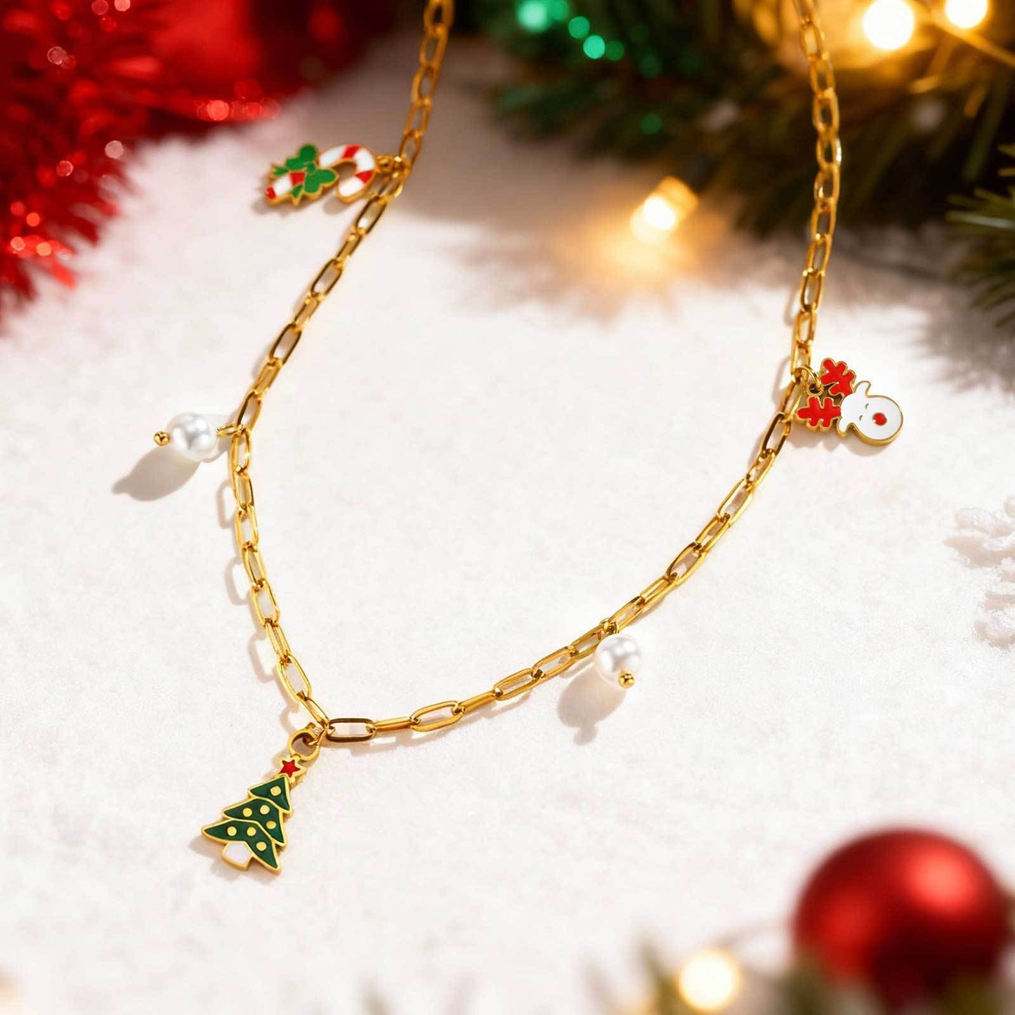 Stainless Steel Christmas Tree Cream Christmas Decorative Necklace