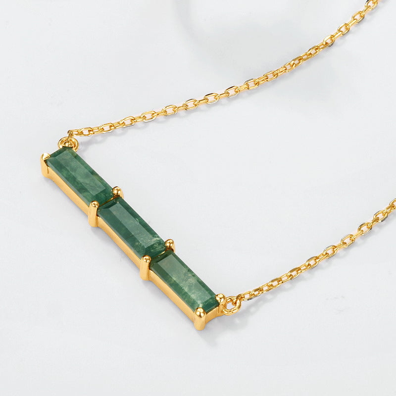 Planderful Everyday Genie – New Fashionable Simple Green Moss Necklace Womens S925 Sterling Silver Gold-plated Aquatic Agate Niche Design