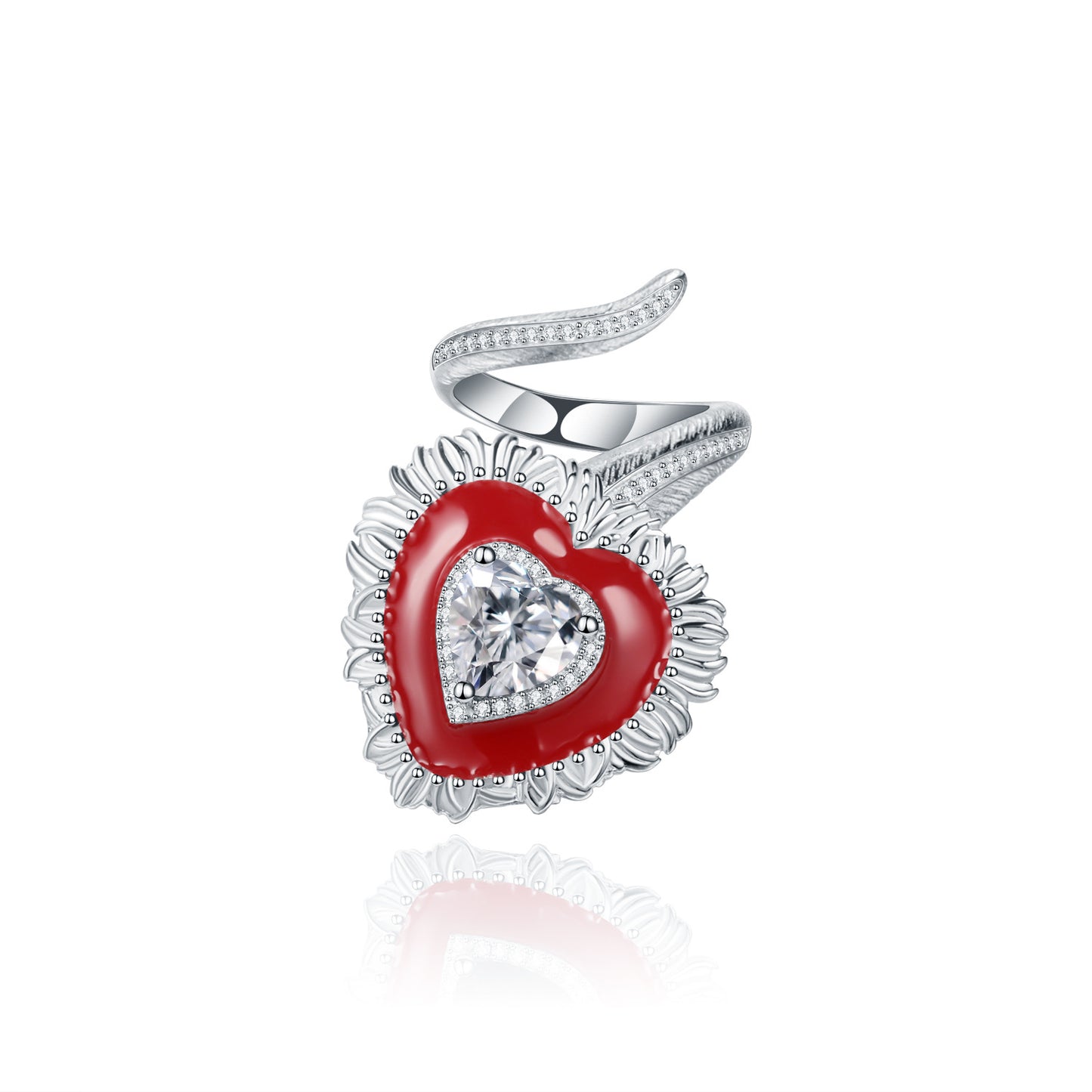 Angel Red Heart Natural Gemstones Opening Silver Ring