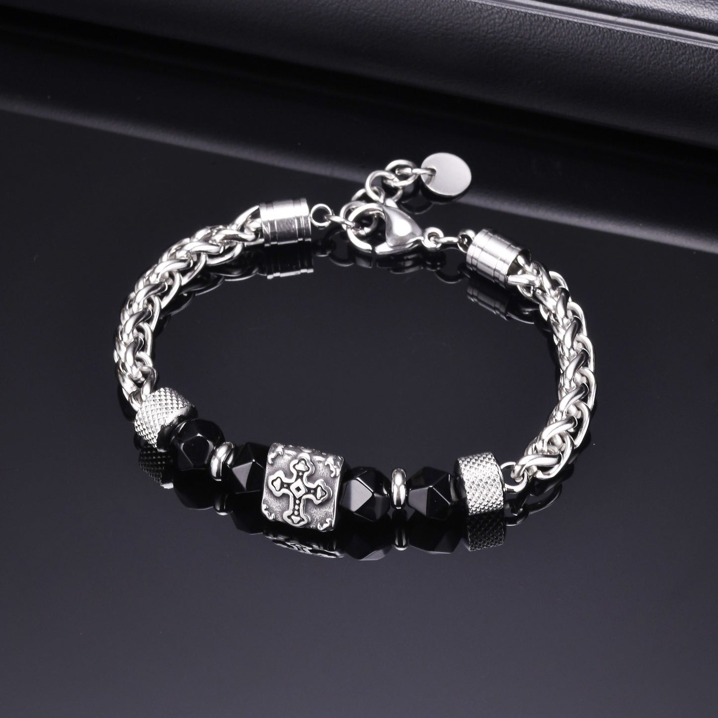Hip Hop Stainless Steel Handmade Chain Black Bead Cross Bracelet for Men