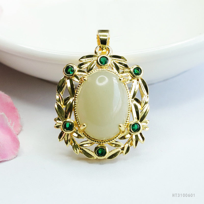 Hetian Jade Oval Green-Zircon Pendant — No Chain