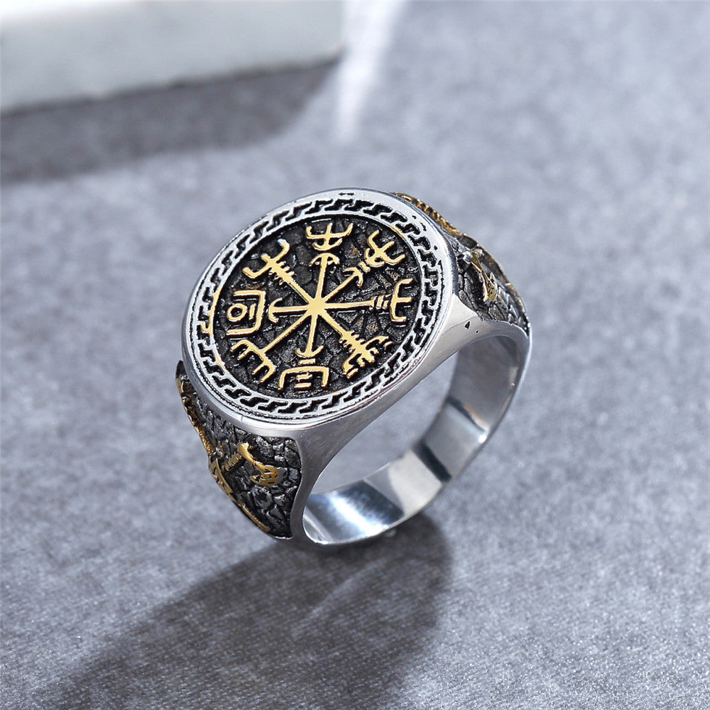 Planderful Nordic Viking Axe Totem Compass Ring Unisex Personalized Protection Retro Titanium Steel Jewelry