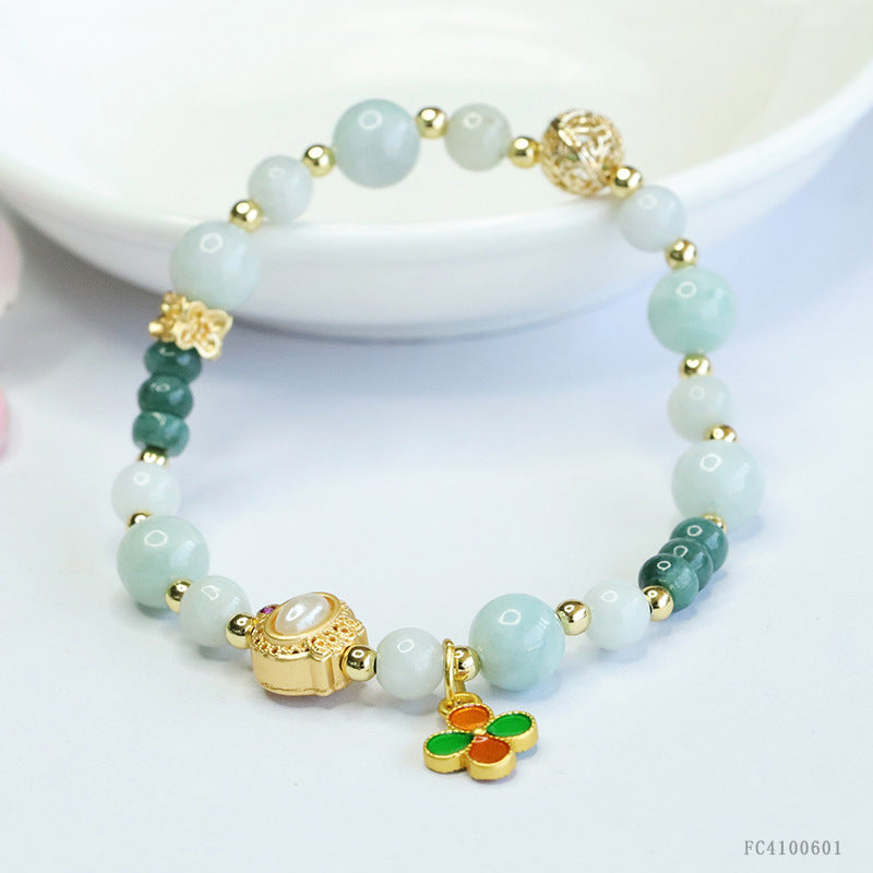 Blue Water Jadeite Four-Leaf Clover & Abacus Bead Bracelet