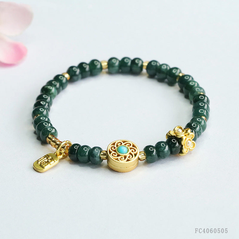 Blue Water Jadeite Abacus Bead & Fu Plaque Beaded Bracelet