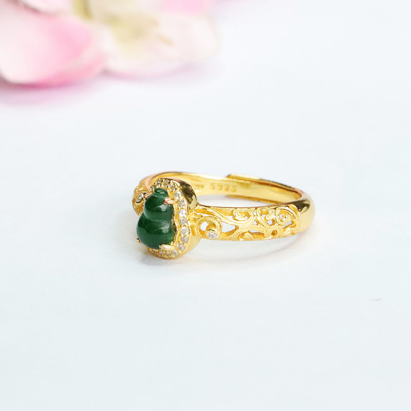Hollow Sterling Silver Gourd Ring with Natural Ice Green Jade