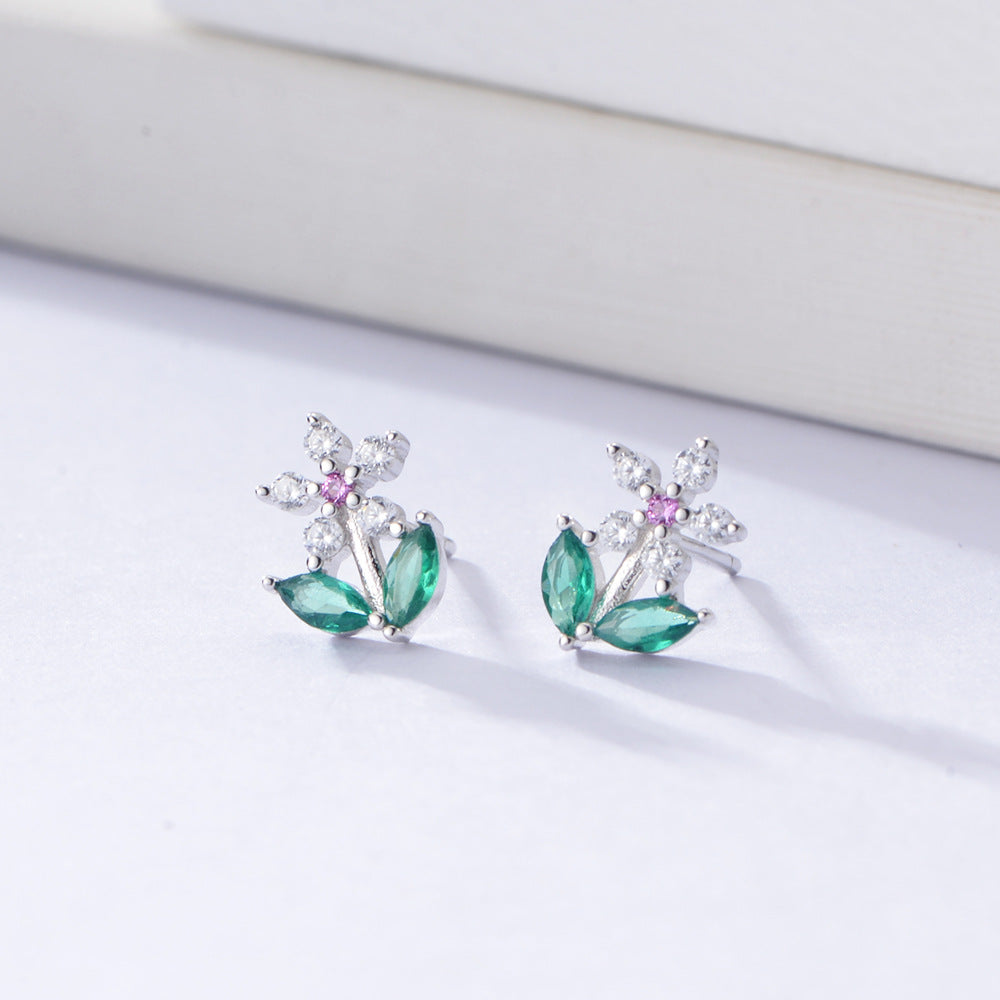 S925 Sterling Silver Zircon Flower Stud Earrings Sweet Mori Earrings
