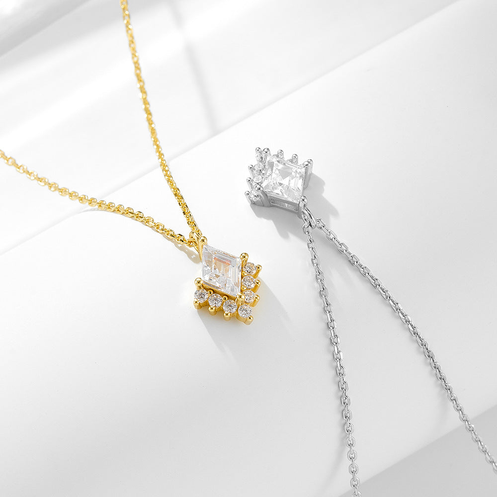925 Sterling Silver Geometric Rhombus Zircon Pendant Necklace Style Versatile Necklace
