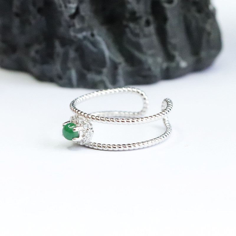 925 Sterling Silver Hollow Double Layer Ring with Natural Ice Emperor Green Jadeite