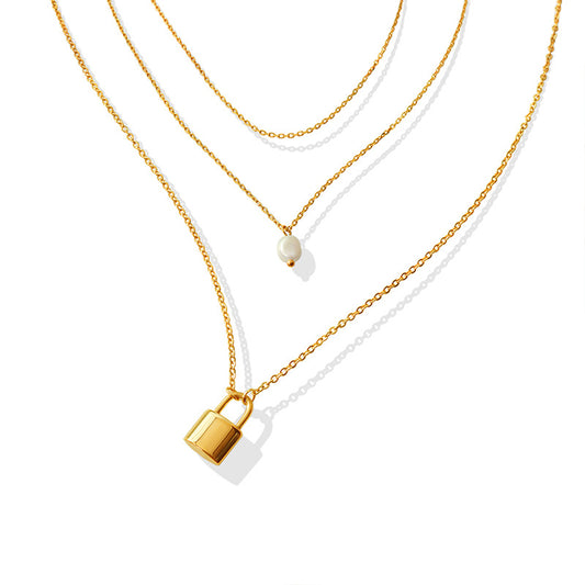 Golden Pearl Lock Necklace with Triple Layers