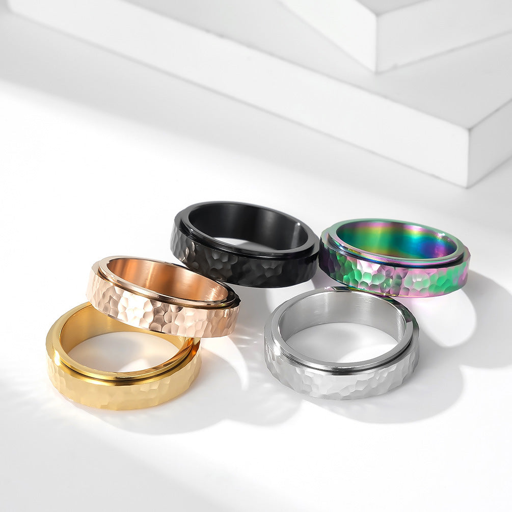 Planderful Hand Hammered Honeycomb Rotating Titanium Steel Ring Unisex Men Women Everyday Genie