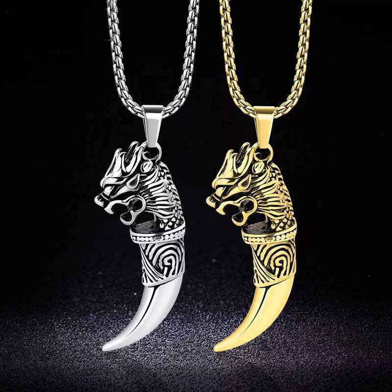 Planderful Viking Wolf Fang Necklace For Men Stainless Steel With Titanium Finish Norse Symbol Pendant