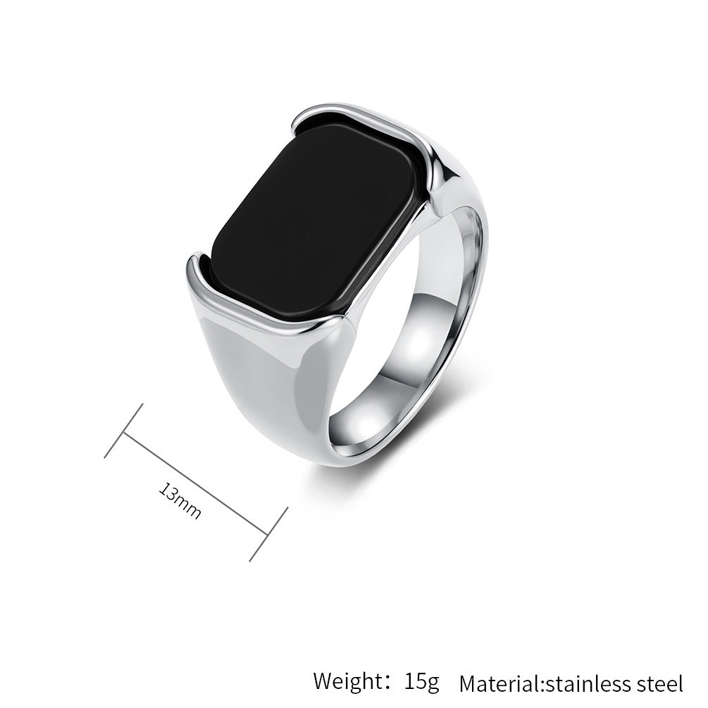 Planderful Glossy Black Gemstone Titanium Steel Ring For Everyday Wear Unisex Bold Minimal Jewelry Sizes 8 To 13