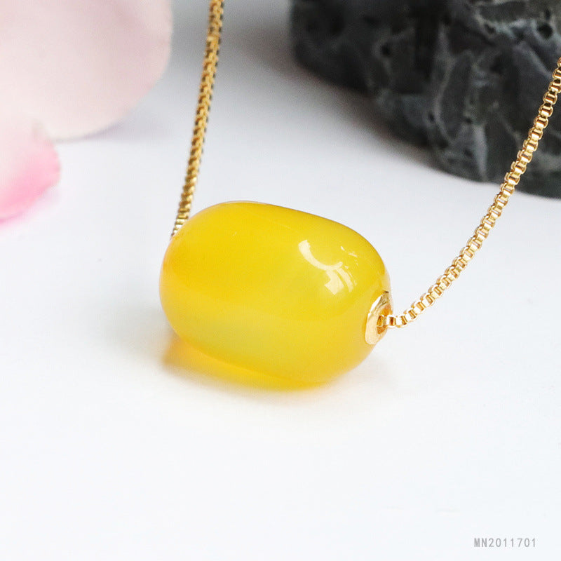 Yellow Chalcedony Barrel Bead 18K Gold-Set Pendant — No Chain