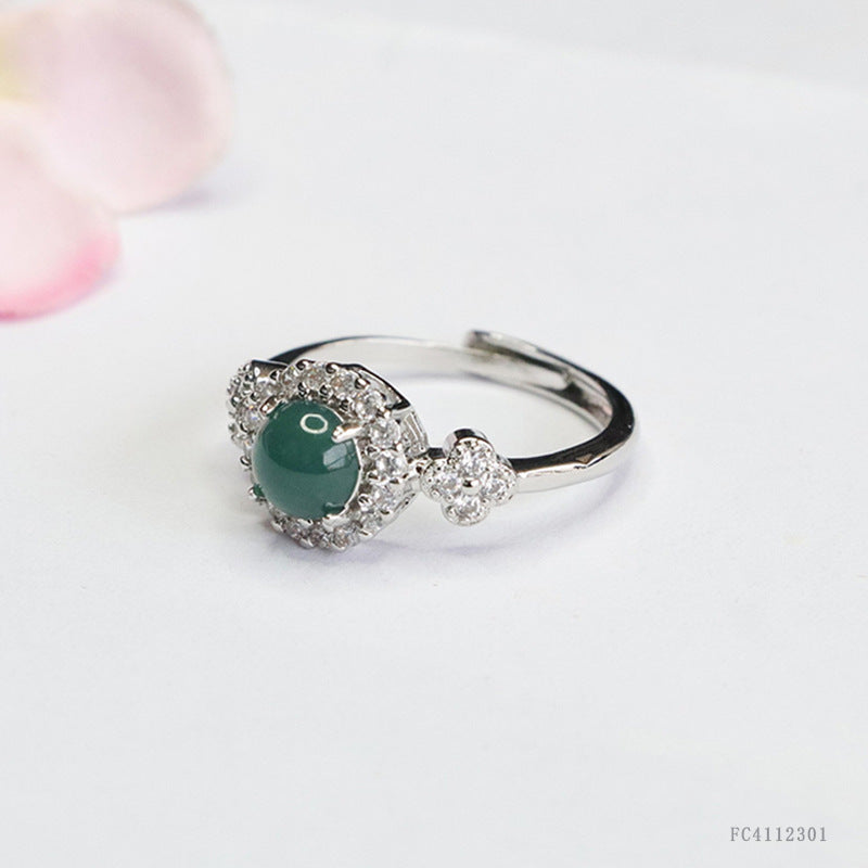 Blue Water Jadeite Prong-Set Four-Leaf Clover Ring
