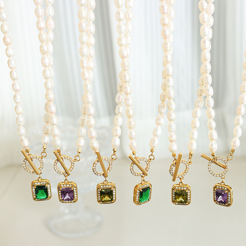 Elegant Freshwater Pearl and Zircon Pendant Necklace with Gold Plated Titanium Steel - Everyday Genie Collection