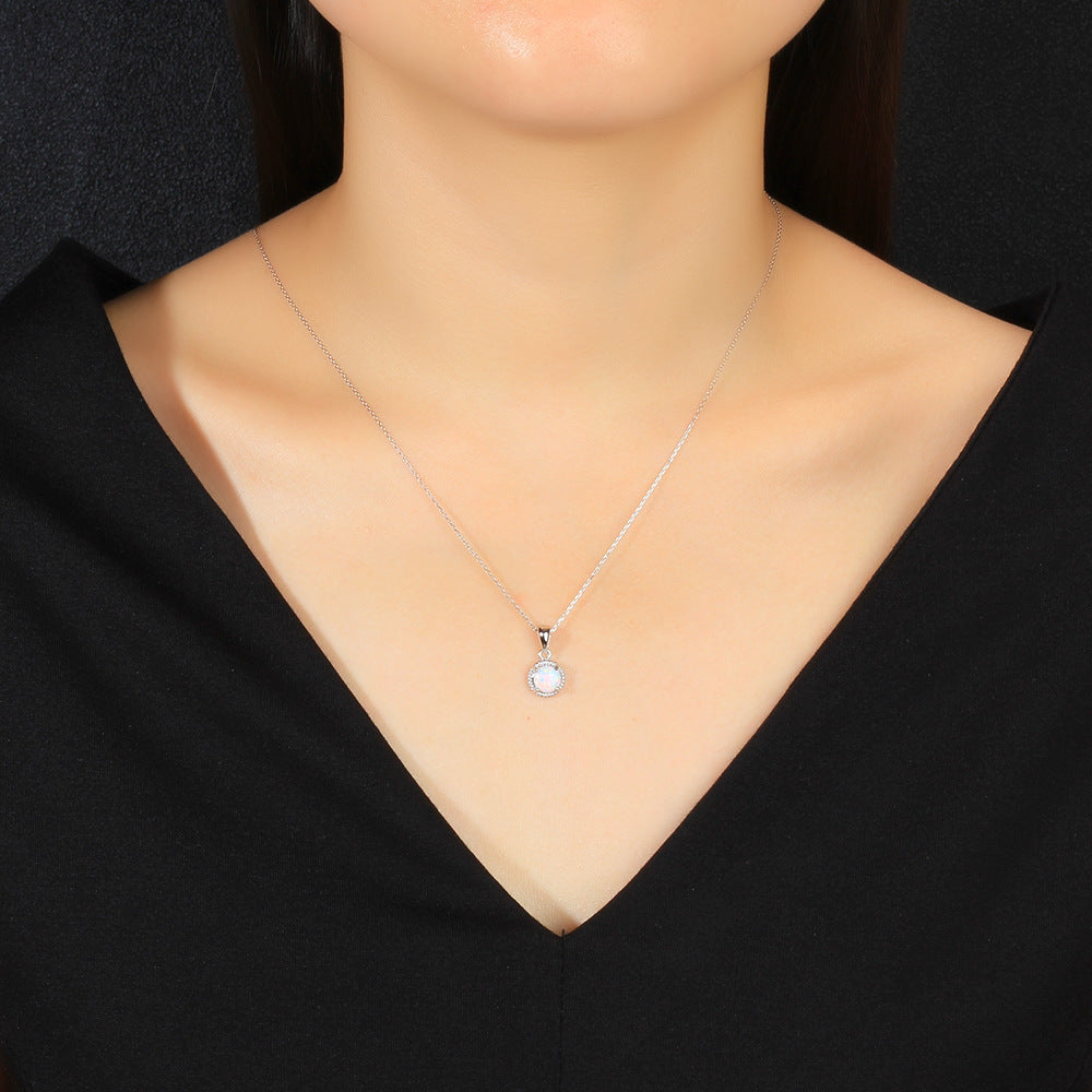 Planderful Jewelry Opal Necklace In Sterling Silver S925 White Round Opal Elegant Everyday Necklace