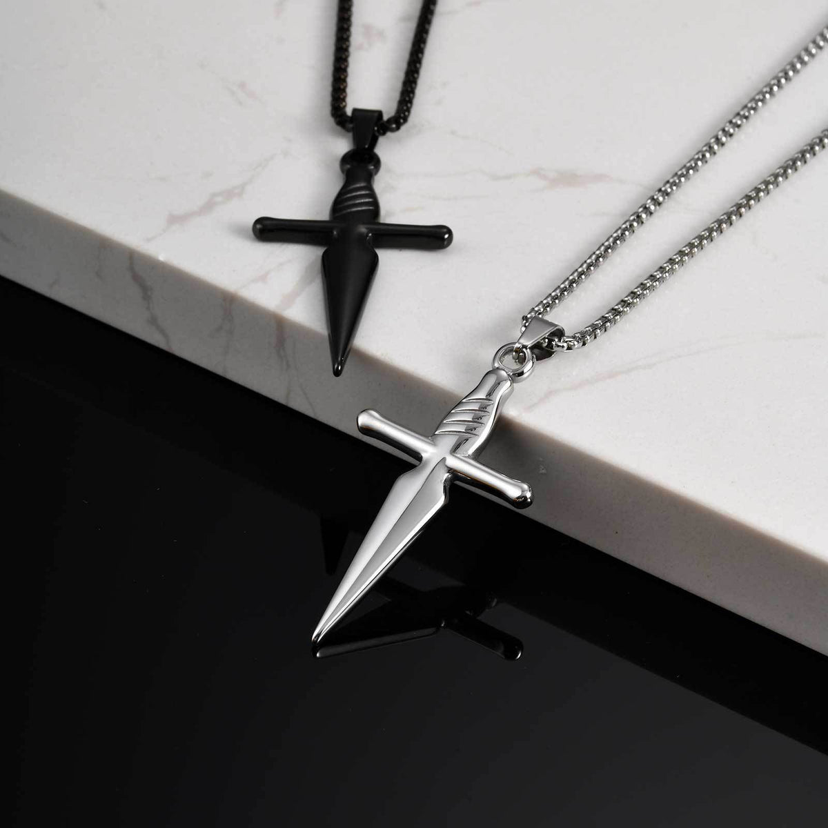 Cross Dagger Pendant — Black or Silver, Chain Optional