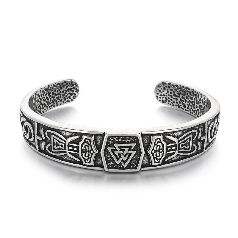 Rune – Nordic Viking Celtic Knot Double Wolf Head Titanium Steel Men's Opening Bracelet