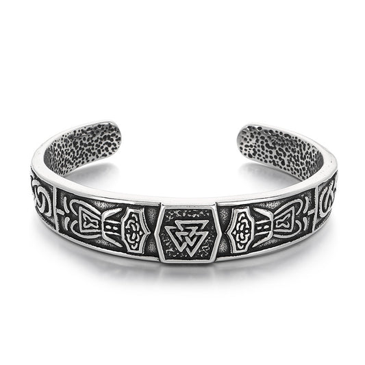 Rune – Nordic Viking Celtic Knot Double Wolf Head Titanium Steel Men's Opening Bracelet