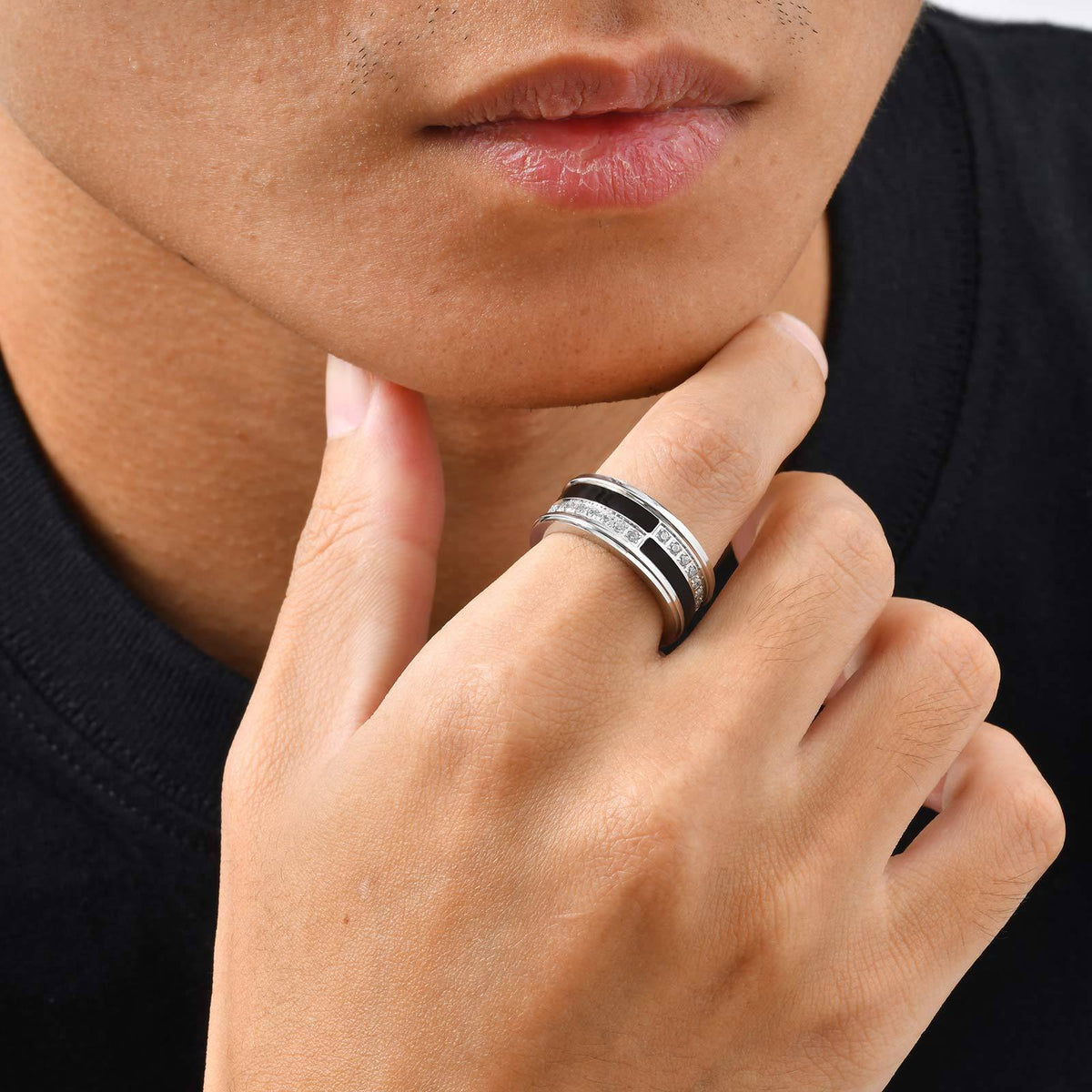 Stainless Steel Men's Cold Wind Single Ring Men's Black & White Zircon