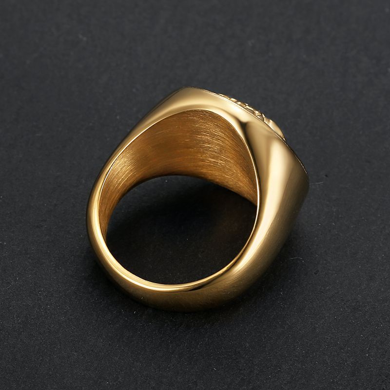 Planderful Everyday Genie Hip Hop Ring Titanium Steel Gold Plated Rhinestone Greek Mythology Head Mens