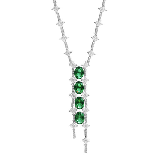 Oval Lab Created Emerald Beading Tassle Silver Necklace